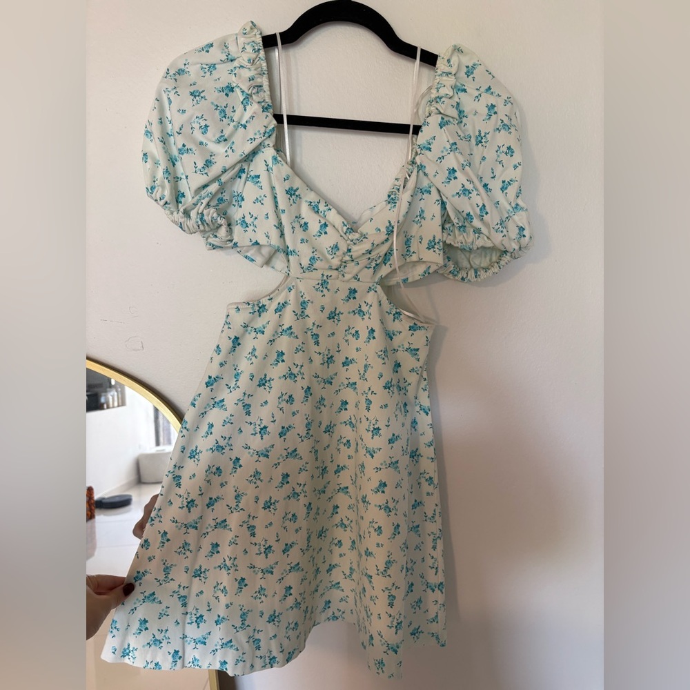 Zara White Cut Out Dress with Blue Floral Design